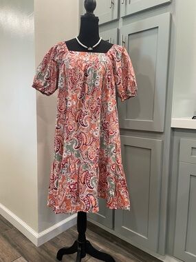 Mango Coral Paisley Puff-Sleeve Midi Dress